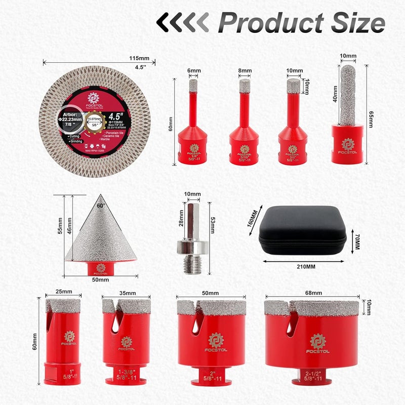 FOCSTOL Diamond Core Drill Bit Set - 11pcs (6/8/10/25/35/50/65mm+10mm Finger Milling Bit+50mm Beveling Chamfer Bit+Hex+4.5'' Saw Blade) Hole Saw Kit for Porcelain Ceramic Tile Marble Granite - Image 2